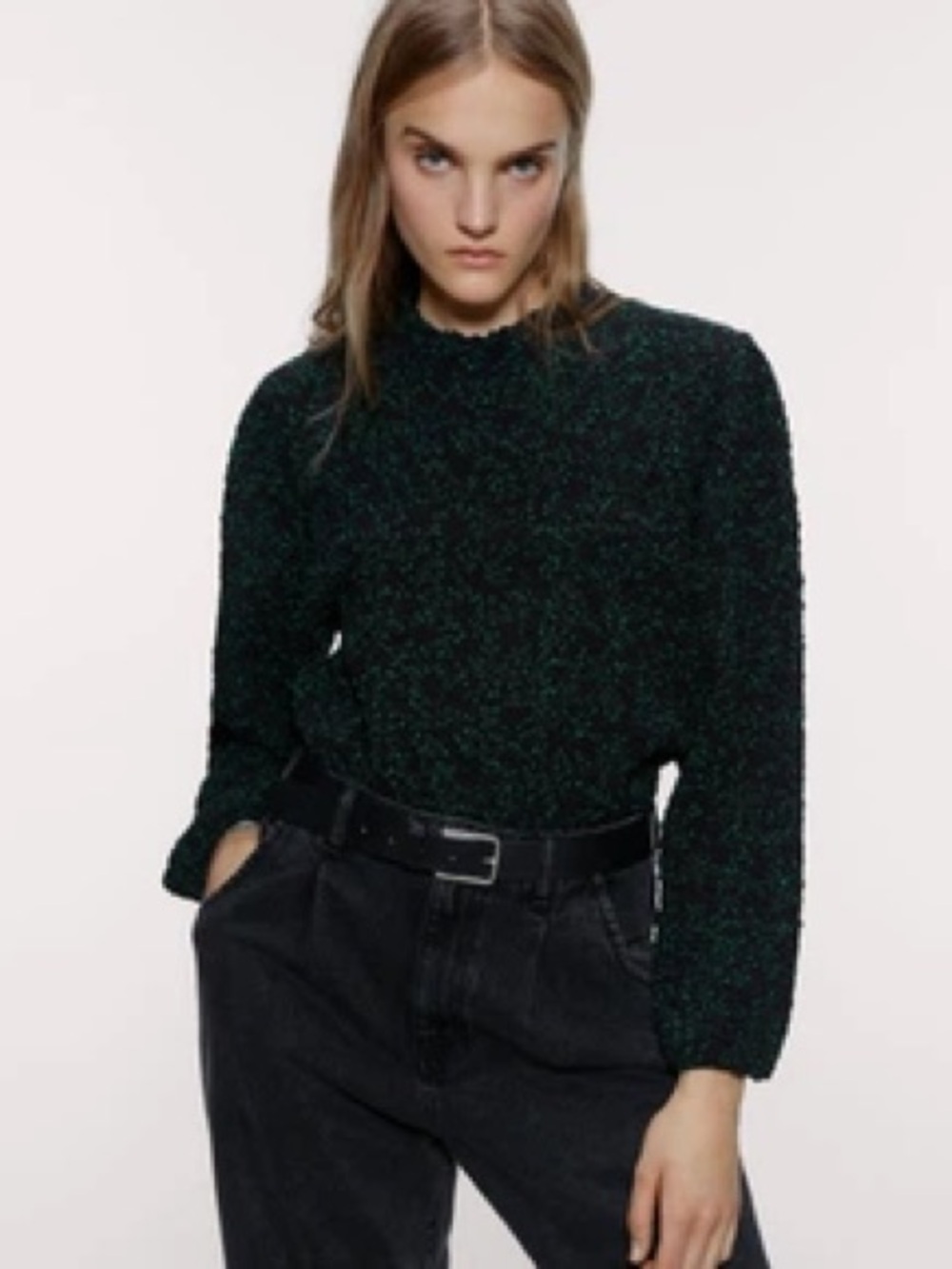 Zara EUC Textured Floral Blouse Puff Sleeve Open Back Top Black Green Size S